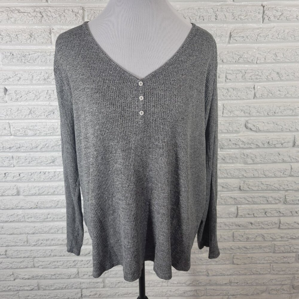 Sonoma Womens Pajama Top 2X Plus Knit Ribbed Gray Deco Buttons Lounge‎ GRA52E